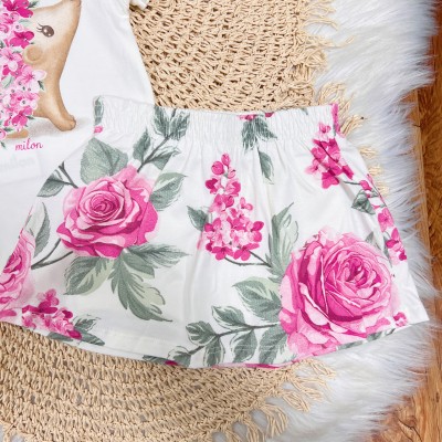 Conj. Blusa Porquinha com Flores e Short Saia Floral - Off White e Rosa